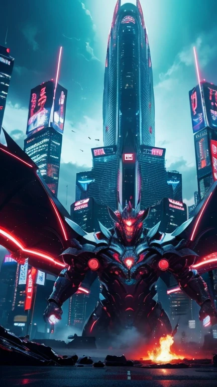 AI Art、A boss monster that appears against the backdrop of a futuristic landscape that represents Shinjuku Ward, Tokyo, Japan.、The boss monster is ready to attack.