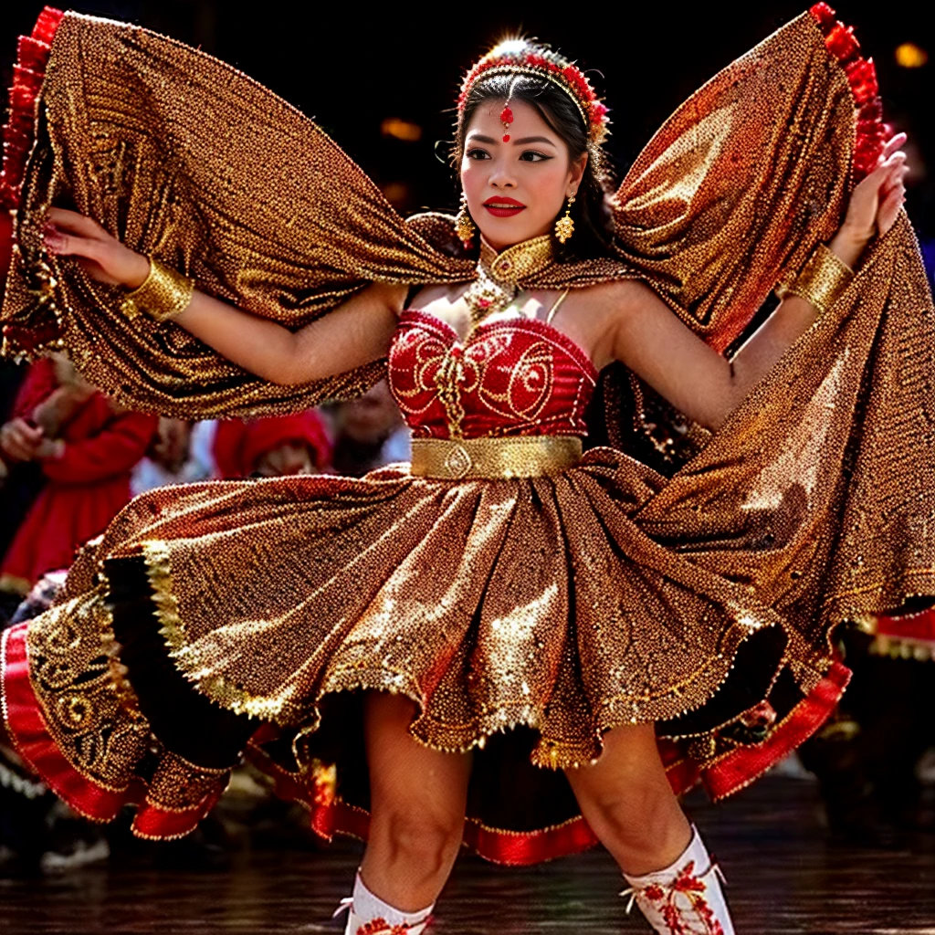 A beautiful girl dancing in Oruro, traditional Bolivian dance, Oruro. She wears an elaborate Diablada costume: black cape with red bib, white jacket decorated with sequins and flower designs with gold glitter, (red petticoat) red skirt with gold trim. Elegant long white gloves. Red boots adorned with floral designs. (Bolivian dance), seductive body, blonde, blue eyes. a costumed women dance in front of a crowd., Bolivian cholitas, beautiful costume, traditional costume, folkloric, traditional clothing, luxuriously dressed, still style, elaborately dressed, Aztec dance dancers, traditional clothing.
