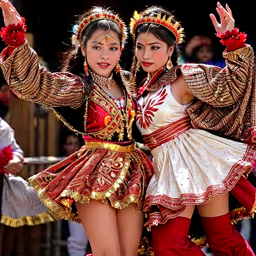 A beautiful girl dancing in Oruro, traditional Bolivian dance, Oruro. She wears an elaborate Diablada costume: black cape with red bib, white jacket decorated with sequins and flower designs with gold glitter, (red petticoat) red skirt with gold trim. Elegant long white gloves. Red boots adorned with floral designs. (Bolivian dance), seductive body, blonde, blue eyes. a costumed women dance in front of a crowd., Bolivian cholitas, beautiful costume, traditional costume, folkloric, traditional clothing, luxuriously dressed, still style, elaborately dressed, Aztec dance dancers, traditional clothing.