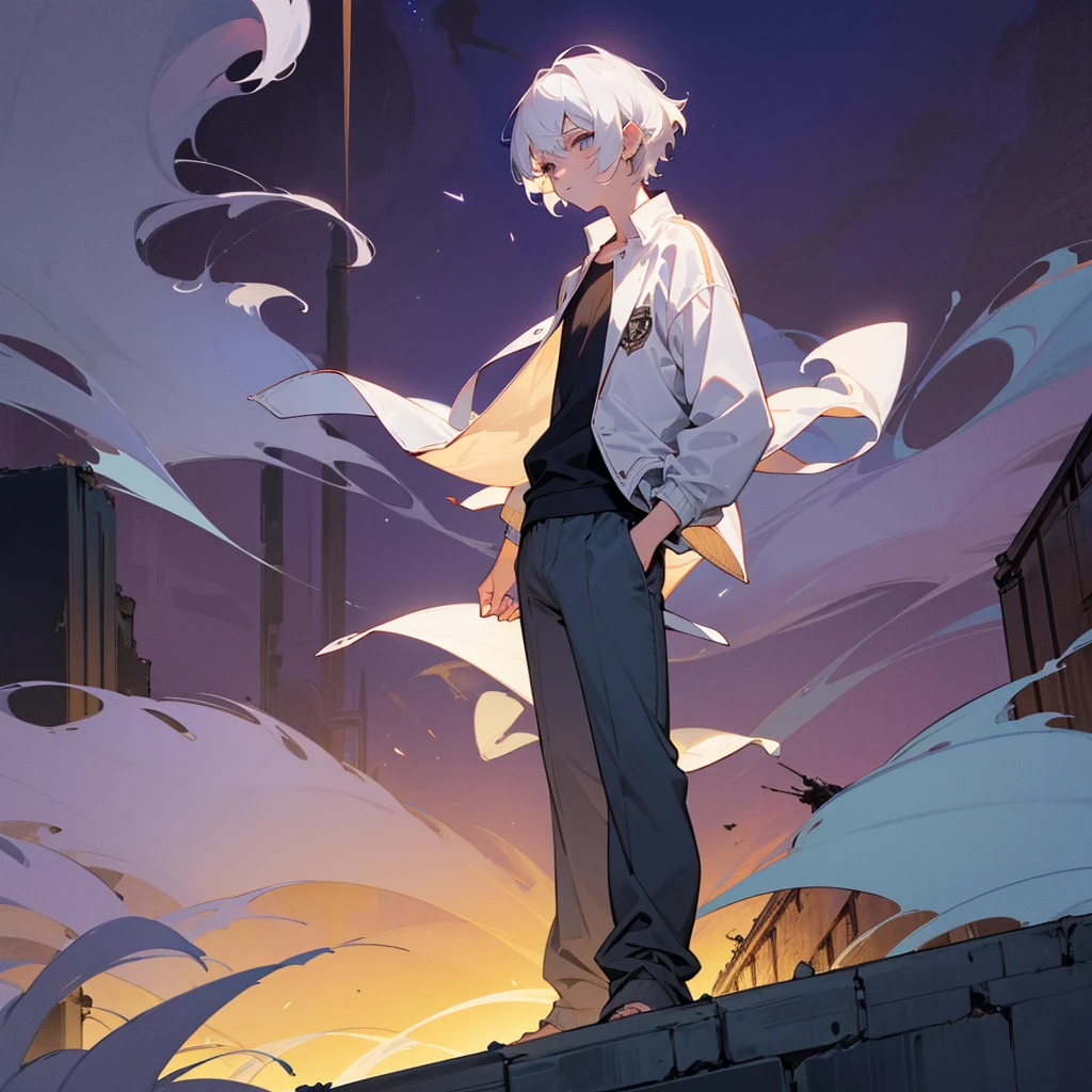 1male, adult, finely detailed lavander eyes, seashell white hair, wavy short hair, varsity jacket, loose shirt, baggy pants, standing on ruined building, night time, somber expression