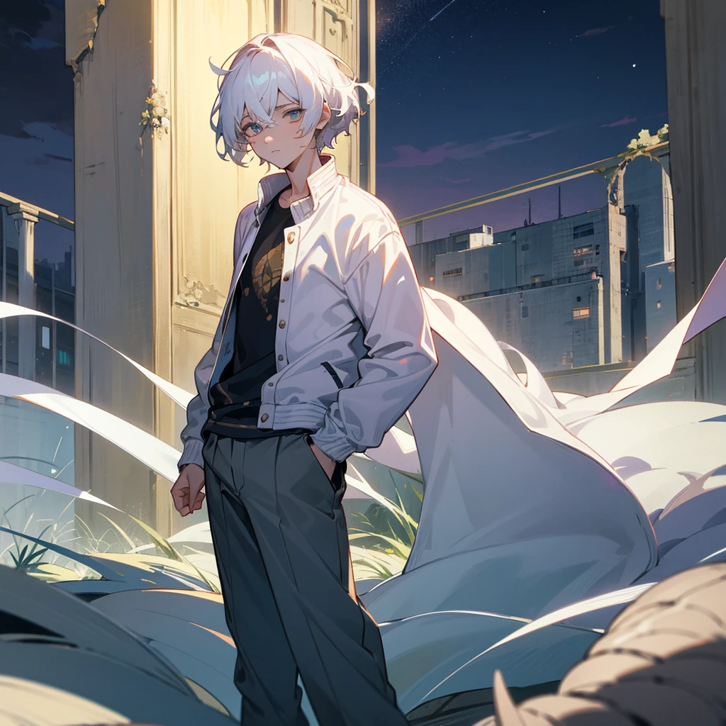 1male,  adult, finely detailed lavander eyes, seashell white hair, wavy short hair, varsity jacket, loose shirt, baggy pants, standing on ruined building, night time, somber expression