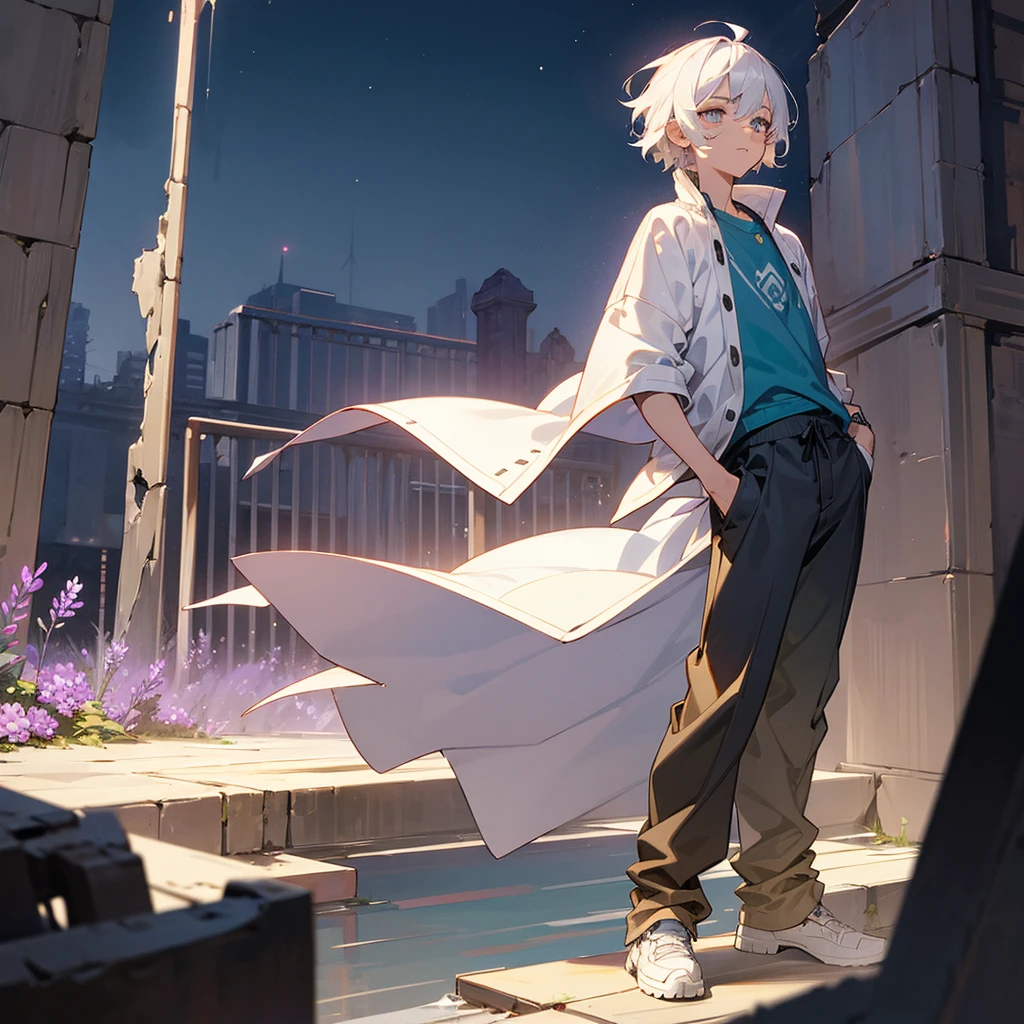 1male, young adult, finely detailed lavander eyes, seashell white hair, wavy short hair, varsity jacket, loose shirt, baggy pants, standing on ruined building, night time, somber expression