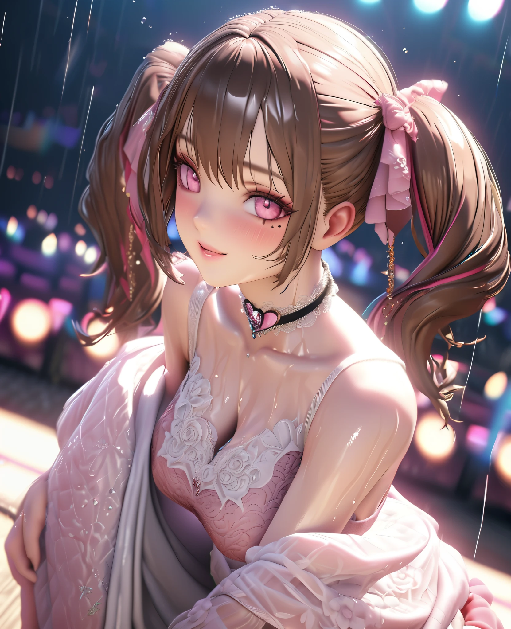 one girl, staring at the audience, beautiful pink eyes, brown hair in short twin tails, mole under eye, plump glossy lips, heart shaped choker, idol, her name is Mei, smiling, . . . 3D, realistic, idol's costume was drenched in heavy rain, her chest was wet and see-through, heavy rain at outdoor concert, draped clothes, jewelry and decorations removed, floral patterns, lace trim, glittering on stage, masterpiece, best quality, 8k, detailed skin texture, detailed fabric texture, beautifully detailed face, intricate details, highly detailed, ultra high resolution, 8k Ultra HD, film grain, best shadows, delicate, staring at the audience, front