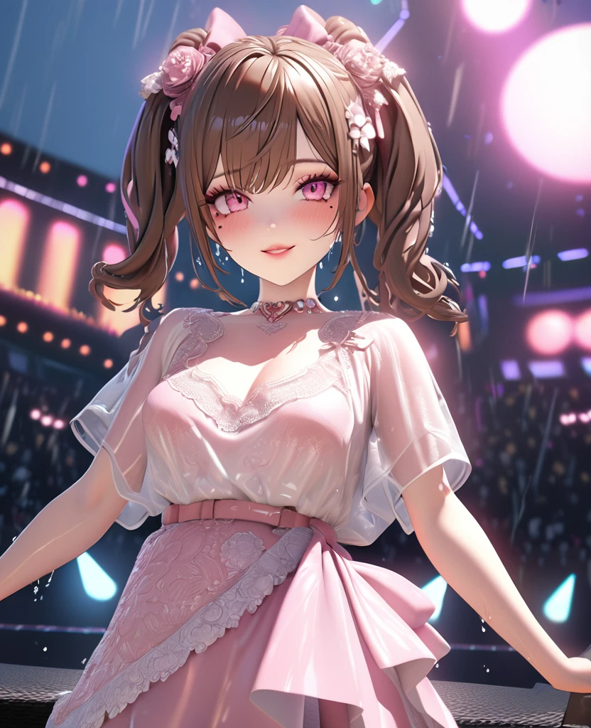 one girl, staring at the audience, beautiful pink eyes, brown hair in short twin tails, mole under eye, plump glossy lips, heart shaped choker, idol, her name is Mei, smiling, . . . 3D, realistic, idol's costume was drenched in heavy rain, her chest was wet and see-through, heavy rain at outdoor concert, draped clothes, jewelry and decorations removed, floral patterns, lace trim, glittering on stage, masterpiece, best quality, 8k, detailed skin texture, detailed fabric texture, beautifully detailed face, intricate details, highly detailed, ultra high resolution, 8k Ultra HD, film grain, best shadows, delicate, staring at the audience, front