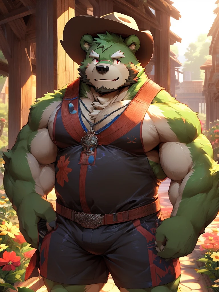 masterpiece, high quality, anime, detailed eyes, male jinpei, anthro, bear, Great physique, strong arms manly, (((green bear))), (((green fur))), green hair, beard, white eyebrows, bald, detailed red eyes, tall, Joyful, by zixiong, epic composition, Realistic lighting, HD details, Best Quality, (extremely detailed CG unified 8k wallpaper), (masterpiece:1.2), (best quality:1.3), shallow_sunset, standing, cowboy_shot, straw_hat, swimsuit, shorts, flower, starfish,