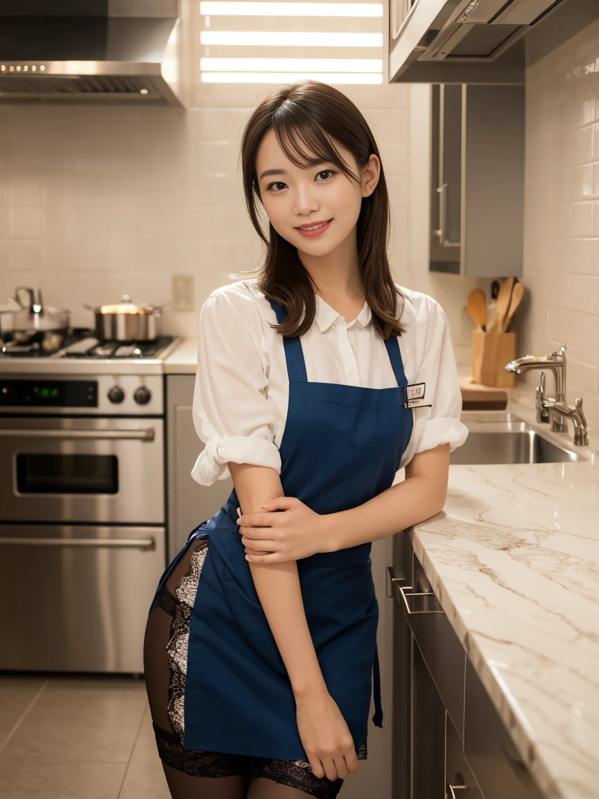 product quality, 1girl, cowboy shot, directly front view, a Japanese young pretty woman, hyper pretty face, 18 years old, cooking with a big smile in a cooking room in a high school, glamorous figure, wearing a light pink apron, wearing a short sleeves silky white collared shirt with shiny satin red plain bow tie, wearing a duck blue pleated long skirt, glossy lips, double eyelids in both eyes, natural makeup, long eyelashes, shiny smooth light brown hair of medium length, asymmetrical bangs, tanned skin, wearing a dark blue pleated skirt, head in the frame, central image, 8K resolution, high detail, detailed hairstyle, Detailed Face, spectacular cinematic lighting, octane rendering, vibrant, hyper realistic, perfect limbs, perfect anatomy
