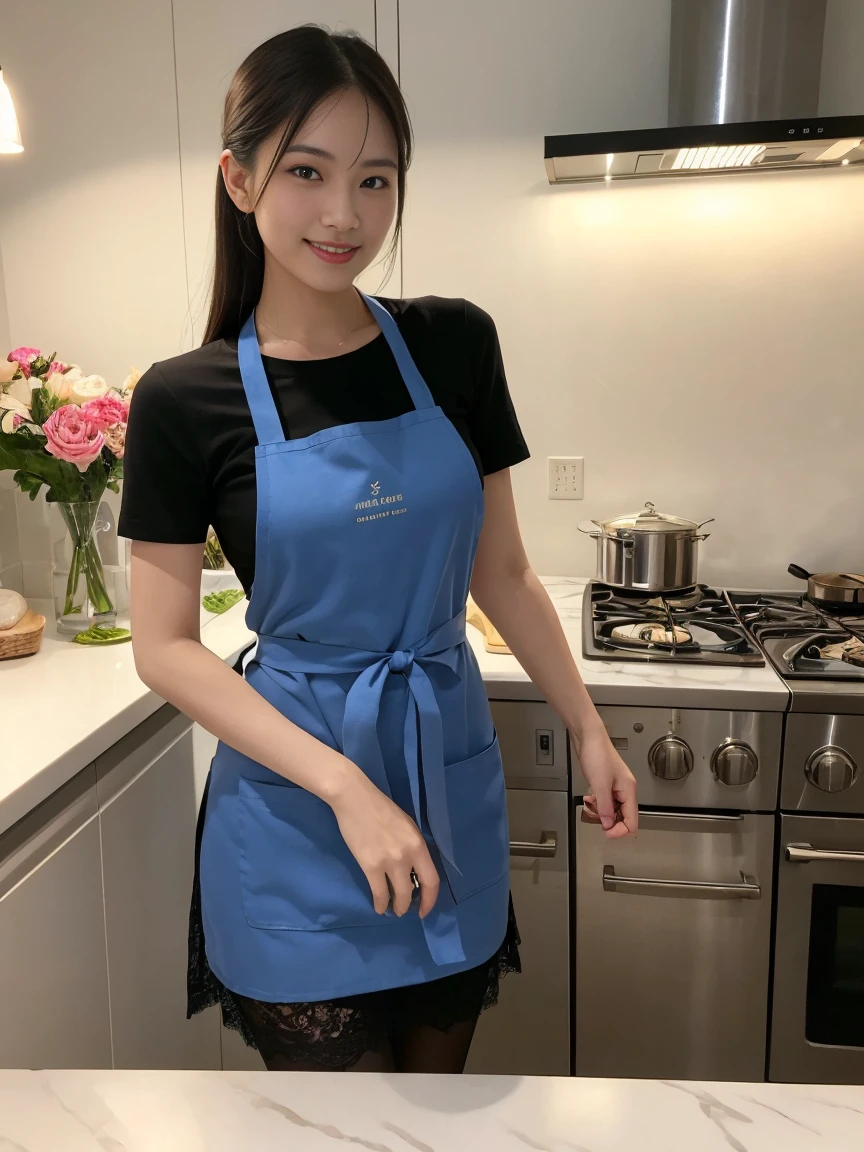 Beautiful woman wearing a stylish apron、A shot of her posing while leaning against the counter of a stylish cafe.。Her Apron、Modern, Form-fitting design、Not just cooking skills、It highlights her flair and style..。Elegant high heels、Airskin-like lace hose、Rich color variations、Emphasize her long legs、Her smile shines even brighter in the warm light of the kitchen..。This high resolution, Photorealistic photos、It represents the perfect combination of gourmet food and beauty..、Sure to captivate viewers。Gaining empathy and attention on social media、A masterpiece of modern urban life。