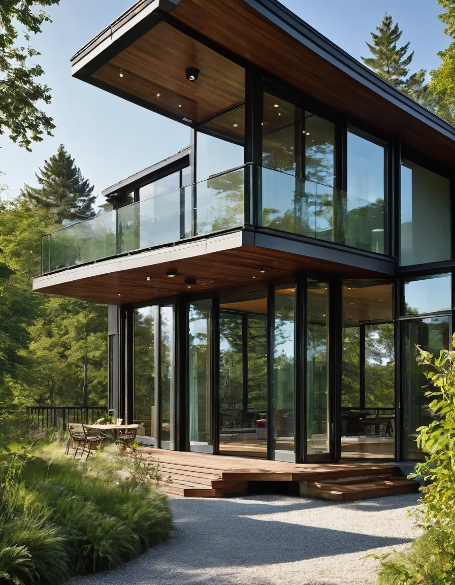 Imagine a contemporary home, where steel, wood and light gray concrete harmonize perfectly. Folding Brise soleil style windows, allowing natural light to dance through the space while maintaining privacy. From the spacious deck, the view opens up to a large, serene lake, reflecting the blue sky and surrounding trees. It's a spring afternoon, the gentle breeze carries the scent of flowers and the peaceful sound of water. The space is welcoming and relaxing, ideal for enjoying a good book or a coffee, in complete harmony with nature