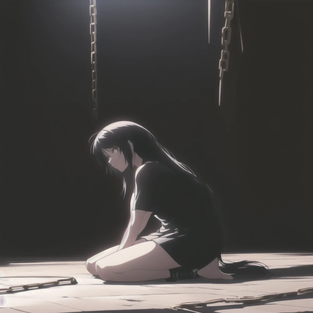 a beautiful young woman in a red dress and white stockings, kneeling on the ground with her hands bound behind her back, a serious expression on her face with intense eyes and furrowed brows, strands of long brown hair falling over her shoulders, sweat glistening on her skin, the image has an extremely detailed, high quality, photorealistic style