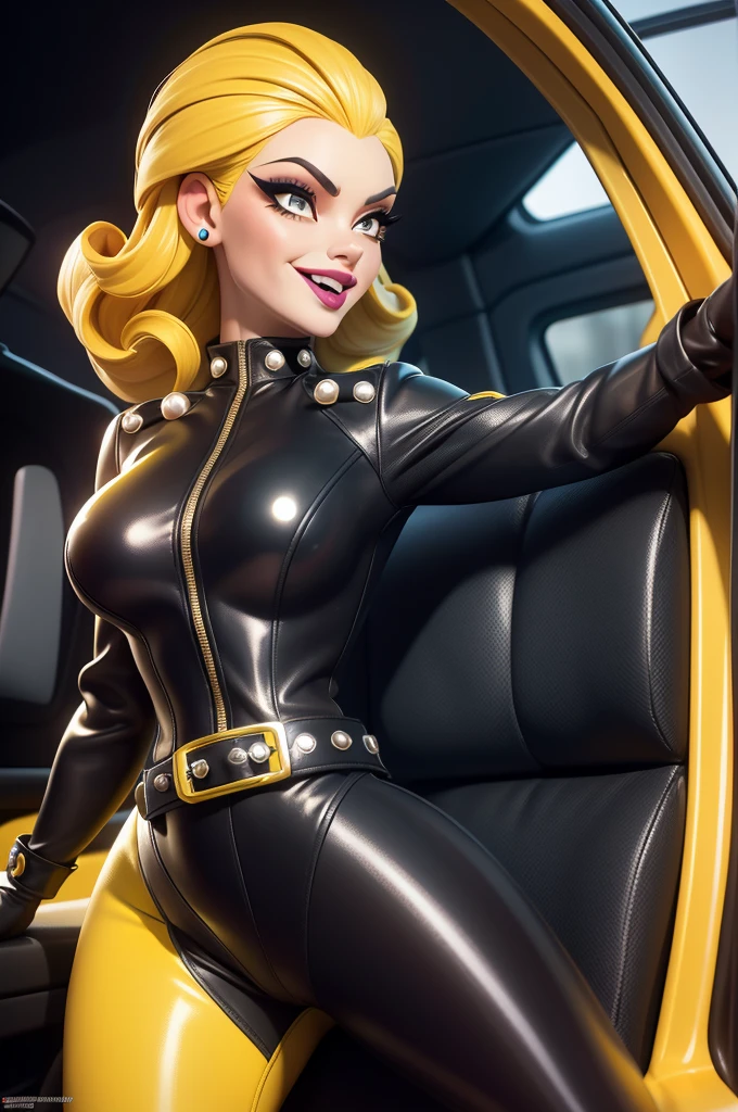 obra prima, melhor qualidade, (emma peel vamp 70yo face wrinkles) head back, sassy wicked girl, big toothy smile, open mouth, ((shiny pearl white lipstick,)) thick smoky black eye shadow, long fake eyelashes, raven black mullet hair, ((totally yellow leather spy girl suit,)) with studs zippers snaps, shiny leather gloves, body is skinny, reclining in car seat, dazzle pose, pinup pose, exaggerated selfie pose, camera view of the back of her body, looking down at me, shallow depth of field, highres, HD, 8k, anatomically correct