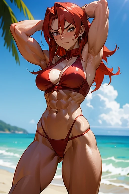 Anime redhead muscle mommy in a red thong bikini flexing her muscles with her hand behind her head so they are not seen to show off her abs on a white sanded beach, highly detailed 