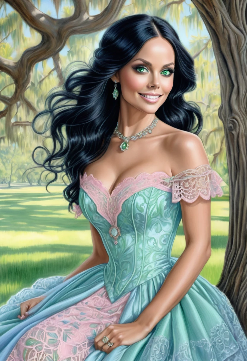 A colored pencil sketch of a beautiful victorian women who is a mash up of Laura Vandervoort and Alalaide Kane.. Light Pink and Light blue dress. Green Eyes, Wide innocent smile, lace, jewels, large eyes, filligree. Pitch black hair. She is litting seductively under a live oak tree.
