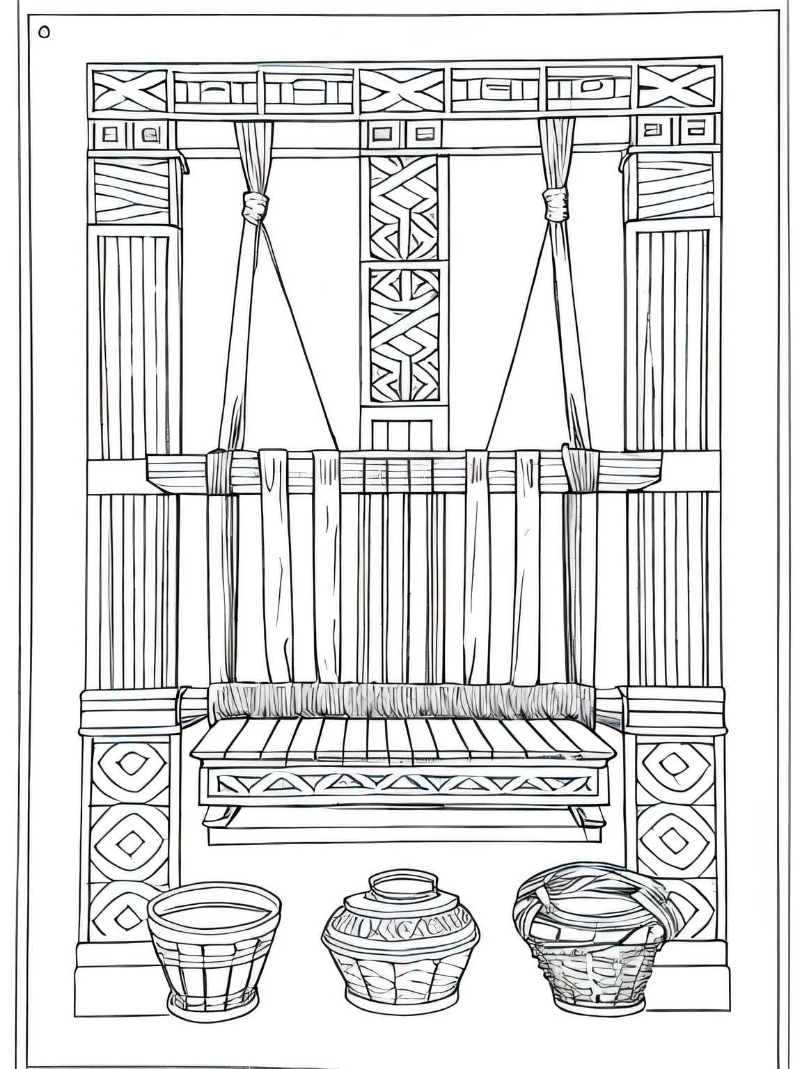 Traditional Weaver: Grey and white only, Book page coloring art. All-white background. Use only outlines, line art. Clean line art for coloring. Simple and clean line art, coloring book page. Perfect symmetric details. A traditional weaver's workshop with a wooden loom, spools of colorful yarn, and intricate patterns taking shape under the skilled hands of the weaver.