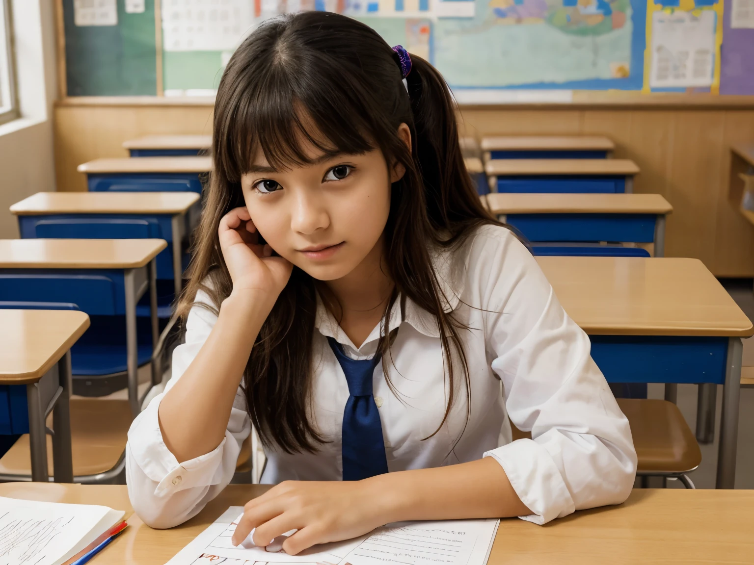 masterpiece, best quality, 1girl, looking at viewer, one piece,, namiOP, , school, school desk,, solo,