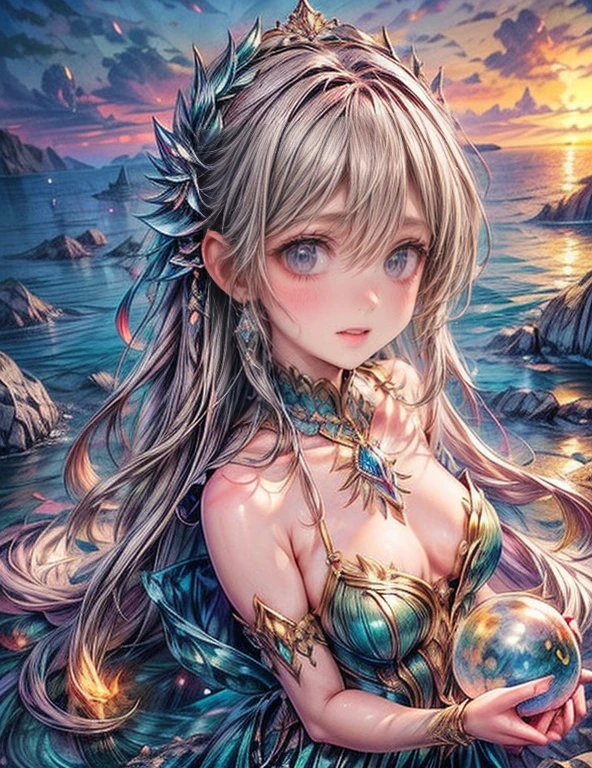 海の中で泳ぐ人fish,長く流れるような髪を持つ美しい人fish, (詳細な人fish, one breasted :1.2), (Realistic, high quality, 8k, Surreal, masterpiece:1.4),(complicated, Very detailed, complicatedな, Brilliant:1.2), Emerald Green Scales, Delicate fins, サンゴ礁と活気に満ちたfishの群れのある海中の背景, Dramatic underwater lighting, (Magic, Fantasy, Mysterious:1.1), Ultra-realistic face:1.2色とりどりなFantasyアート,Adorable,Goddess of the Sea,Beautiful big eyes,Tethys, Goddess of the Sea, Guardian of the seas, sacred , 4KFantasyアート,Fantasyアートスタイル, 2. 5D CGI アニメ Fantasy アートワーク, epic Fantasyアートスタイル hd, 壮大なFantasyデジタルアートスタイル, 詳細なFantasyアート, 詳細なデジタル 2D Fantasy アート, Luan Jia and Artgerm, 8k Fantasyアート, Cinematic,Great background, Abstract Beauty,stand, Approaching perfection, Pure Form, Golden Ratio, Minimal, unfinished, Concept Art, By Brian Froud、Karn Griffiths、What a bone、John William Waterhouse, complicatedなディテール, 8K Post-Production, High resolution, Hyper Detail, Art Station Trends, Studio shot, complicatedなディテール, Extremely delicate and detailed painting style, Beautiful painting art, Greg Rutkowski, close, Female Solo, The most beautiful form of chaos, elegant, Fauvist design, Bright colors, colorful, Romanticism, 海のBubble, Bubble, Shellfish, shell, fish, pearl