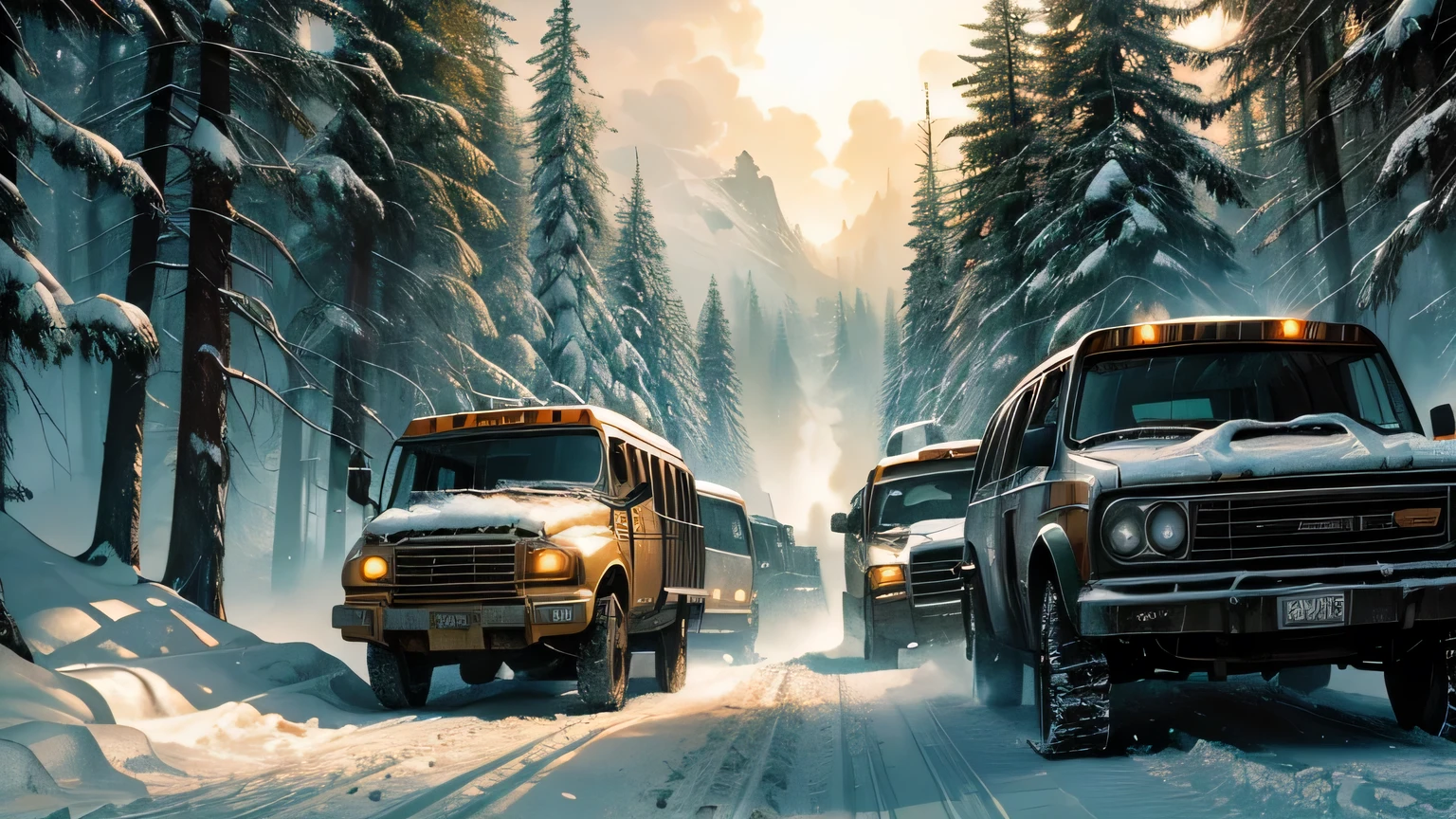 Dramatic lighting, chiaroscuro, bright and sunny daytime, convoy of a dozen recycled vehicles, a rusty tank, school bus with welded armour, old pickups with roof-mounted guns, broken lights, windows full of angry barbarians, driving fast through a dense spruce forest in deep snow