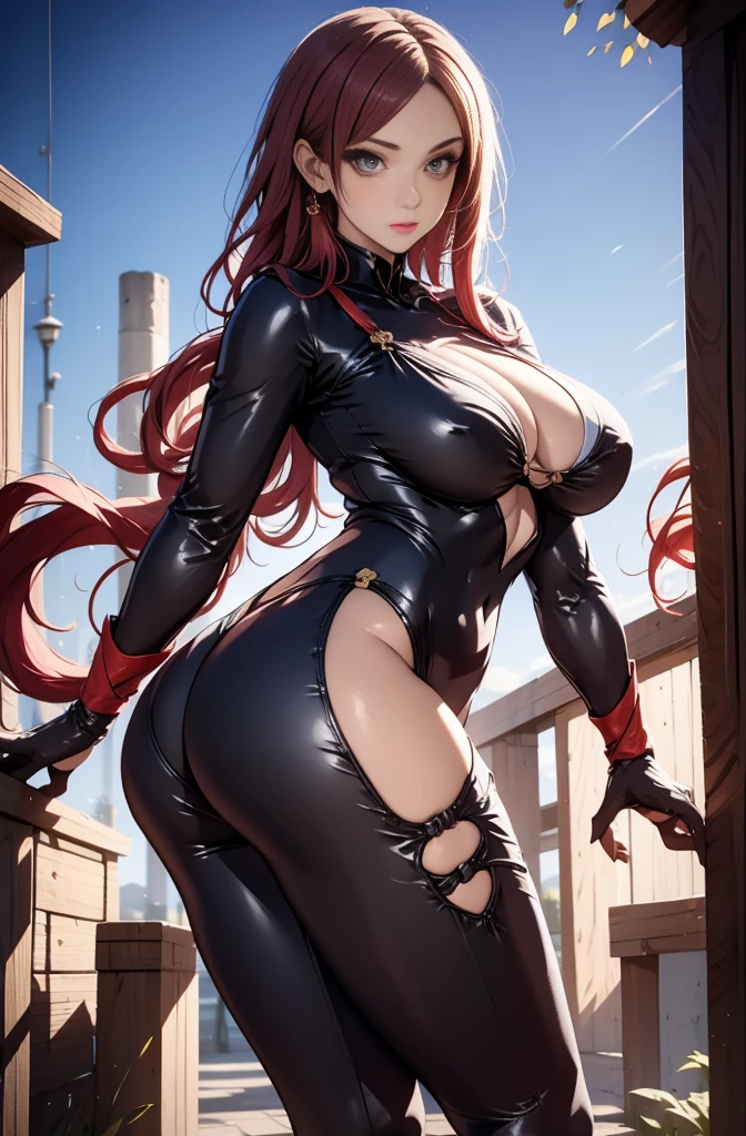 highschool student, female, , sexy body, voluptuous figure, tightsuit, red hair, red decolored hair, alone, samurai class, persona 5 style, human, beautifull face, long hair, defined body, red and bright eyes, thick legs, strong legs, tall, Voluptuous legs, black robes, huge ass, big hip, big ass, black and red robes, tall girl, magic powers, expert with katana,