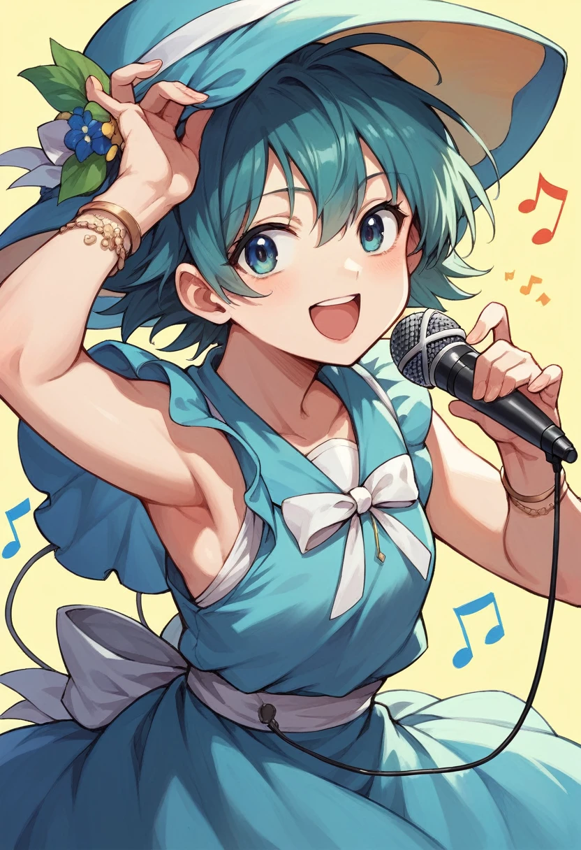 Anime girl in a blue dress singing into a microphone, Anime Moe Art Style, Makoto Shinkai's art style, Also, 8k!, , Digital Rendering, Official Artwork, Makoto Shinkai style, Chihiro! fujisaki, Atei Gailan Style, 8k!!, ( ( makoto shinkai ) ), Official Art