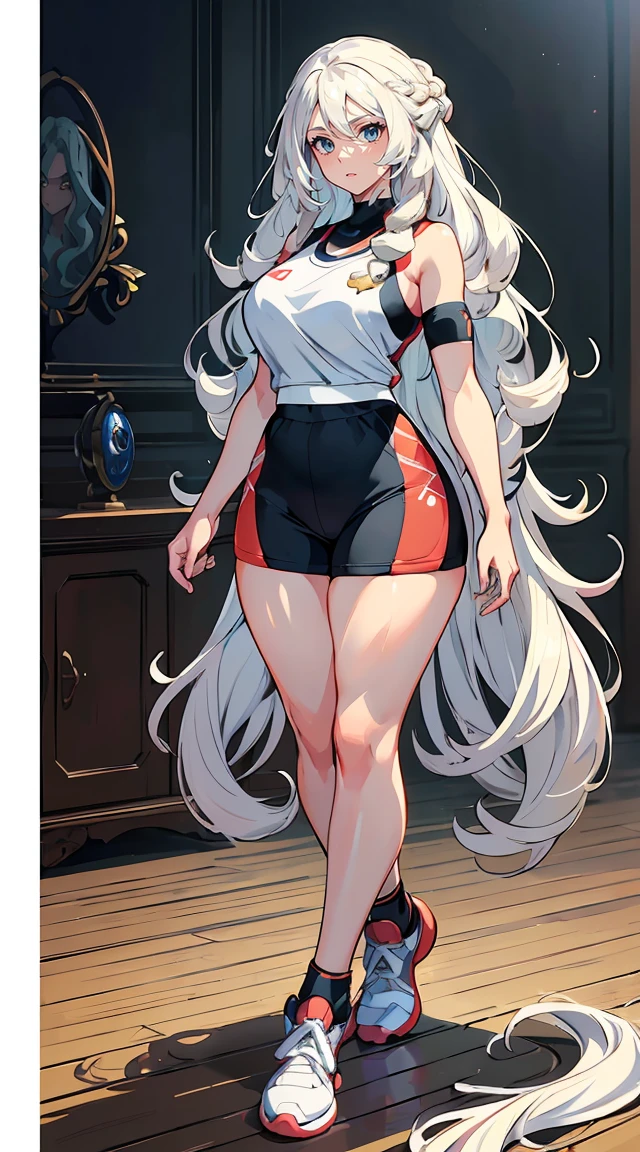 handsome mature woman，Long wavy white hair，Hyperresolution，accuracy，Detailed rendering，（Subtle facial image）（Image of fine hair）（topquality）（Masterpieces of masters）（High degree of completeness）（A sense of atmosphere）tmasterpiece，Super detailed and super detailed（half-body portrait）((Masterpiece, Highest quality)), Detailed face, CharacterDesignSheet, full bodyesbian, Full of details, Multiple poses and expressions, Highly detailed, Depth, Many parts，Beautiful，Extremely beautiful，High Balance, Natural light, drawn art style, white hair, curly hair down to ankles, ankle length hair, (((Ankle length hair))) (((thick hair))) (((pokemon trainer)))(((Pokemon gym leader))))(((Gym clothes)))(((Sporty outfit)))