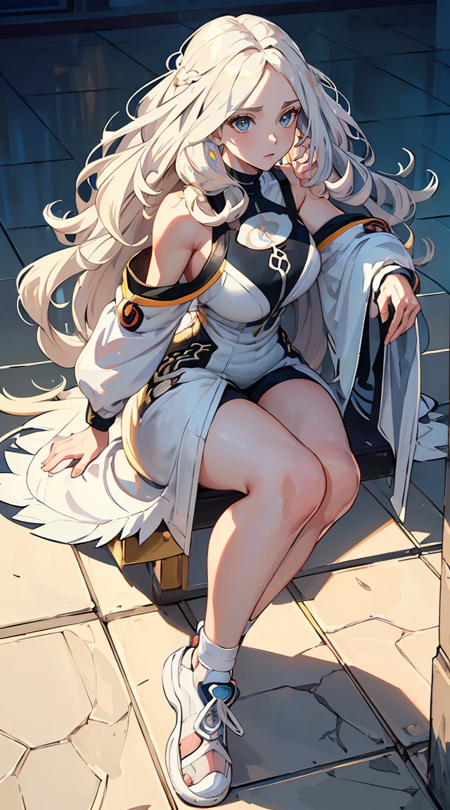 handsome mature woman,Long wavy white hair,Hyperresolution,accuracy,Detailed rendering,(Subtle facial image)(Image of fine hair)(topquality)(Masterpieces of masters)(High degree of completeness)(A sense of atmosphere)tmasterpiece,Super detailed and super detailed(half-body portrait)((Masterpiece, Highest quality)), Detailed face, CharacterDesignSheet, full bodyesbian, Full of details, Multiple poses and expressions, Highly detailed, Depth, Many parts,Beautiful,Extremely beautiful,High Balance, Natural light, drawn art style, white hair, curly hair down to ankles, ankle length hair, (((Ankle length hair))) (((thick hair))) (((pokemon trainer)))(((Pokemon gym leader))))(((Gym clothes)))(((Sporty outfit)))