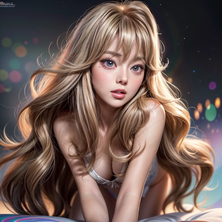 NSFW, 8k, High-level, absurd, masterpiece, best quality, primitive, very detailed CG, very detailed wallpaper, perfect lighting, Extremely detailed ((( personifying " Farrah Fawcett Majors " as a Little Girl))), MysticSight, Tyndall effect, Tyndall scattering, (Studio gray background with (Overflowing oodles Dazzling RainbowColorParticles (BokeH))), (RoundlyButts, ThighGap), (Exposed:0.4), (Assfocus with looking ahead) BREAK  (Acutance:0.88), (NOGIZAKA face variations) Extremely Detailed very KAWAII face variations, perfect anatomy, Childish, CaptivatingGaze ElaboratePupils detailed Eyes with (sparkling highlights:1.28), (Voluminous LongEyelashes、GlossyRED Lips with beautiful details, RosyCheeks, Radiant PearlSkin with Transparency . { (Dynamic LifeLike expressions:1.4) | :d) }, (large eyes:-1) .