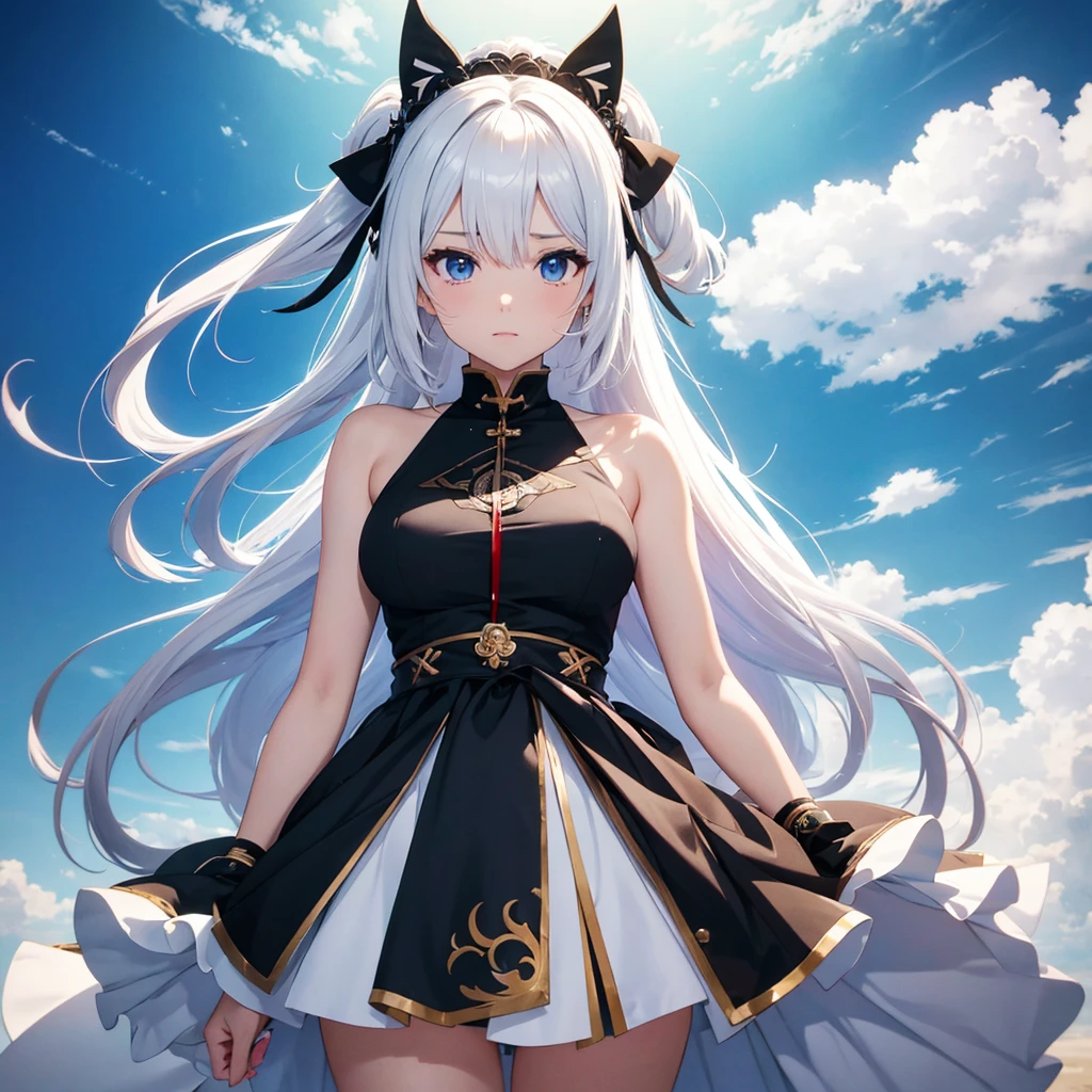 obra maestra,highest quality,impacto genshin,shenhe,Chica anime con cabello largo blanco y ojos azules con un vestido negro., Dios de pelo blanco, chica perfecta de pelo blanco, de arknights, tendencia en artstation pixiv, lindo anime waifu con un bonito vestido, estilo de anime4 K, mejor fondo de pantalla de anime 4k konachan, fondo de pantalla de arte anime 8 k