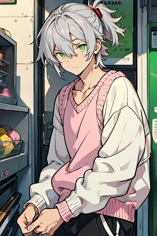 Young man gray hair one green eye and one pink eye with hair clips in hair white sweater black shorts