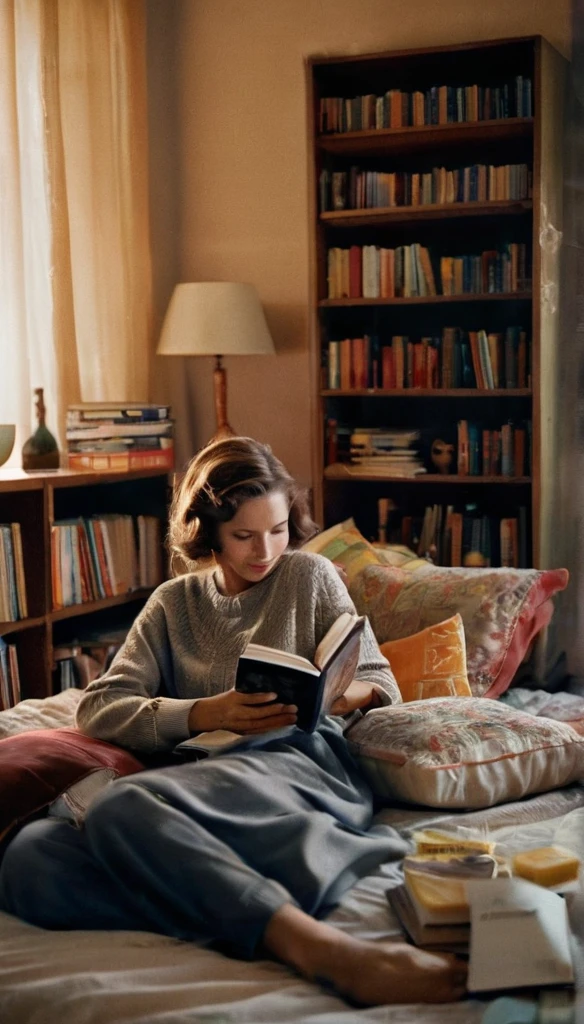 An analog photo of a woman with translucent Hgrande colors, leisurely lounging on a bed adorned with plush pillows, a bookshelf full with books and trinkets at the background, 1963 50mm vintage beautiful photo, morning light, Kodak Camera, soft focus, hq, warm light, muted colors, cozy, atmospheric, sinister, High fidelity.  8k, hq, render, Hyperrealism, cinestill distance light i no people happy mood, johansson, looking at the experience, Moodyon Film grain, lens flare, Leica M9, f/1.2, 1/30, ISO 200, 1/250s, f/8, symmetrical balance, in-frame, elegant, highly detailed, subtle smiling, sharp focus, art adamss of colours