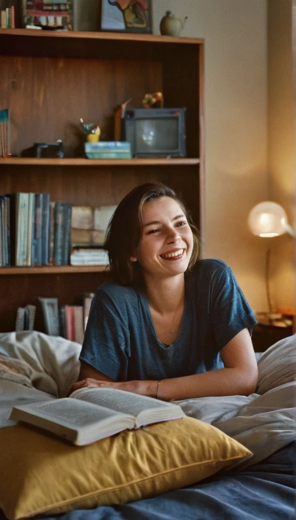 An analog photo of a woman with translucent Hgrande colors, leisurely lounging on a bed adorned with plush pillows, a bookshelf full with books and trinkets at the background, 1963 50mm vintage beautiful photo, morning light, Kodak Camera, soft focus, hq, warm light, muted colors, cozy, atmospheric, sinister, High fidelity. 8k, hq, render, Hyperrealism, cinestill distance light i no people happy mood, johansson, looking at the experience, Moodyon Film grain, lens flare, Leica M9, f/1.2, 1/30, ISO 200, 1/250s, f/8, symmetrical balance, in-frame, elegant, highly detailed, subtle smiling, sharp focus, art adamss of colours