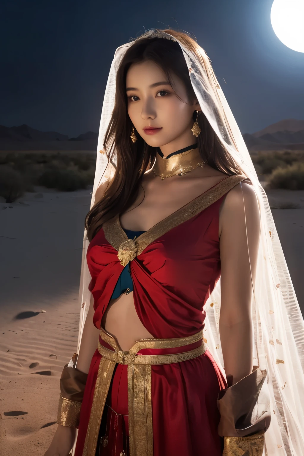 1 girl, (Wear a bright red Arabian Nights-style costume:1.2), (Veil), Very beautiful Japanese idol portraits, 
(RAW Photos, Highest quality), (Realistic, Realistic:1.4), (masterpiece), 
Very delicate and beautiful, Very detailed, 2k wallpaper, wonderful, finely, Very detailed CG Unity 8K wallpaper, Very detailed, High resolution, Soft Light, 
Beautiful detailed girl, Very detailed目と顔, Beautiful and sophisticated nose, Beautiful and beautiful eyes, Cinema Lighting, 
(Standing in the desert on a moonlit night:1.3), (Big Moon), (月明かりに浮かぶ少女のwhole bodyのシルエット), (Transmits light), (Dark screen:1.5), (Hair and outfits fluttering in the wind), 
(Medium Hair), (whole body), 
Complete Anatomy, Slender body, Small breasts