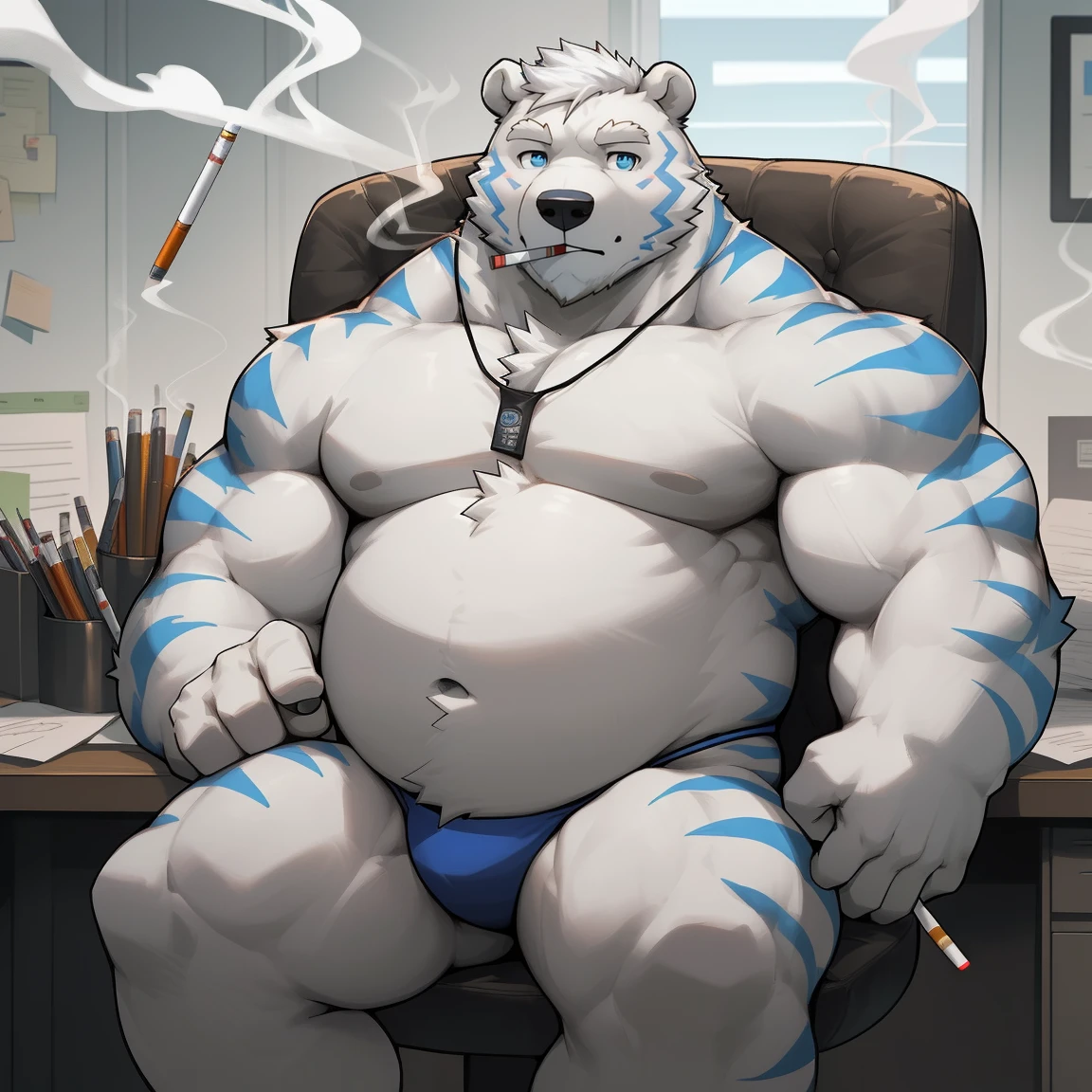 masterpiece, best quality, 8k resolution, Very detailed, hairy，(((polar bear))，(((Number of cigarettes:1))),(((blue eyes)))，(((Mature)))，(((beard))),(((Strong)))，(((White hair all over body)))，portrait，(((White hair)))，(((body blue stripes)))，(((office)))，For the audience，(((Shirtless)))，Highest quality scene，Solitary，solitary，(((whole body)))，(((sit on the chair)))，(((Desk)))，(((Shirtless)))，((Fat-enclosed muscle))，(((thong)))，((August))，(((Round face)))，(((alone)))，(((Strong body)))，(((Hip bulge))),(((Holding a cigarette)))