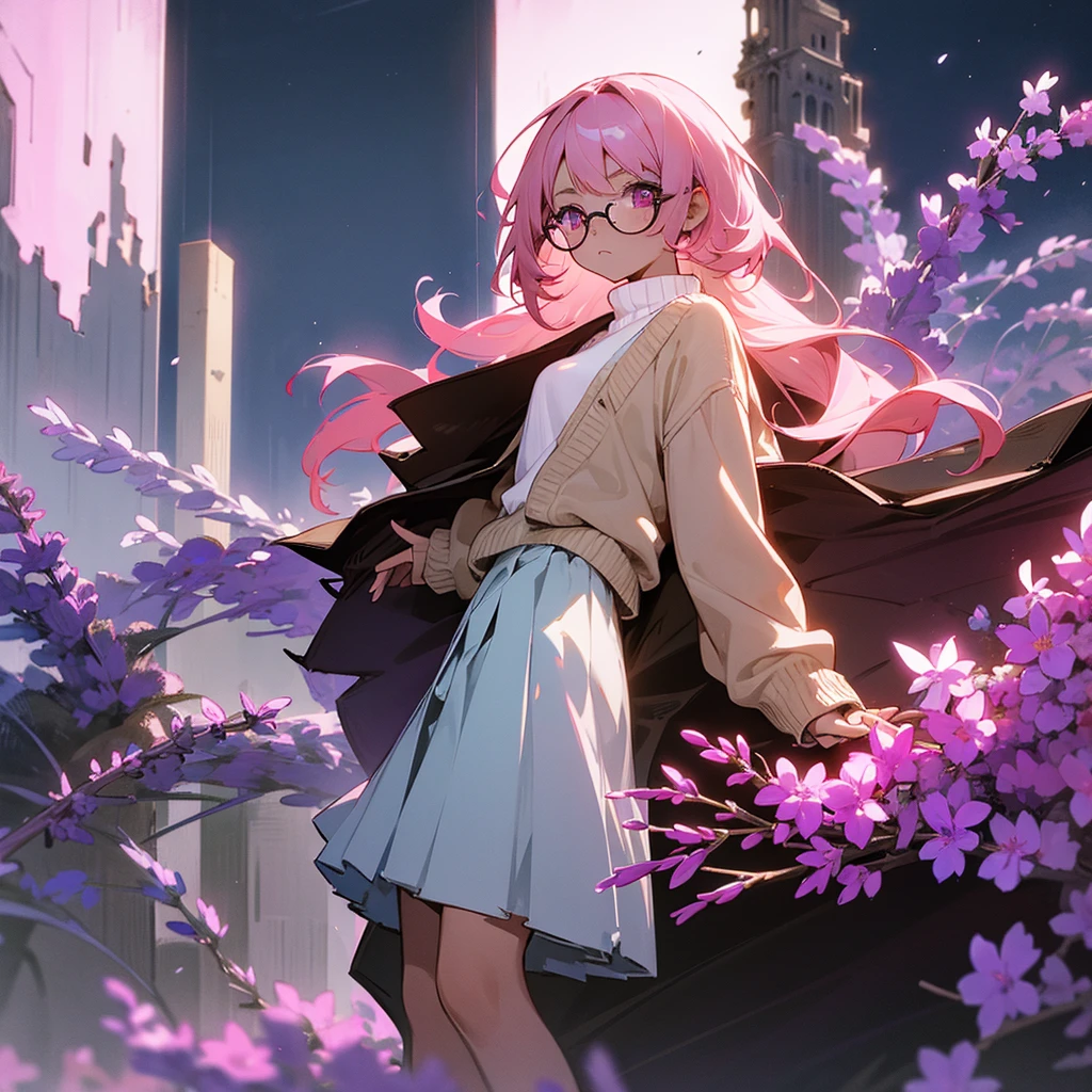 1female, young adult, tan skin, finely detailed lavander eyes, straight medium, pink hair, skirt, sweater, cardigan, standing on ruined building, night time, serious expression, glasses