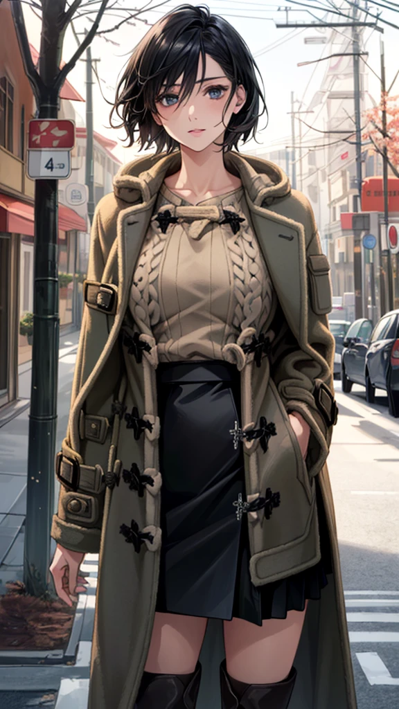 (masterpiece:1.3, Highest quality), (Realistic, photoRealistic:1.4), Beautiful illustrations, (Natural Side Lighting, Cinema Lighting), Browsing Caution, View your viewers, (Face Focus, Upper Body), Cowboy Shot, 1 Girl, Japanese, Beauty、30 years old, Perfect Face, (Perfect Anatomy:1.4), Cute and symmetrical face, Shiny skin, (short hair:1.2, Straight hair:1.2, Black Hair), Hair between the eyes, blue eyes, Big eyes, Long eyelashes, (Large Breasts), thin, Beautiful Hair, Beautiful Face, Beautiful attention to detail, Beautiful clavicle, Beautiful body, Beautiful breasts, Beautiful thighs, Beautiful feet, Beautiful Hands, (Duffle coat, sweater:1.4, Black Skirt :1.4, Brown long boots:1.4), Emphasize the legs, (Beautiful views), winter, evening, (street tree, Urban area, it's snowing), walking, (Cute smile:1.4, Upward glance, Part your lips),