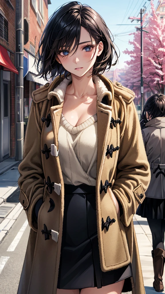 (masterpiece:1.3, Highest quality), (Realistic, photoRealistic:1.4), Beautiful illustrations, (Natural Side Lighting, Cinema Lighting), Browsing Caution, View your viewers, (Face Focus, Upper Body), Cowboy Shot, 1 Girl, Japanese, Beauty、30 years old, Perfect Face, (Perfect Anatomy:1.4), Cute and symmetrical face, Shiny skin, (short hair:1.2, Straight hair:1.2, Black Hair), Hair between the eyes, blue eyes, Big eyes, Long eyelashes, (Large Breasts), thin, Beautiful Hair, Beautiful Face, Beautiful attention to detail, Beautiful clavicle, Beautiful body, Beautiful breasts, Beautiful thighs, Beautiful feet, Beautiful Hands, (Duffle coat, sweater:1.4, Black Skirt :1.4, Brown long boots:1.4), Emphasize the legs, (Beautiful views), winter, evening, (street tree, Urban area, it's snowing), walking, (Cute smile:1.4, Upward glance, Part your lips),