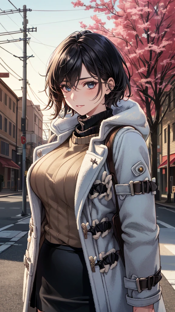 (masterpiece:1.3, Highest quality), (Realistic, photoRealistic:1.4), Beautiful illustrations, (Natural Side Lighting, Cinema Lighting), Browsing Caution, View your viewers, (Face Focus, Upper Body), Cowboy Shot, 1 Girl, Japanese, Beauty、30 years old, Perfect Face, (Perfect Anatomy:1.4), Cute and symmetrical face, Shiny skin, (short hair:1.2, Straight hair:1.2, Black Hair), Hair between the eyes, blue eyes, Big eyes, Long eyelashes, (Large Breasts), thin, Beautiful Hair, Beautiful Face, Beautiful attention to detail, Beautiful clavicle, Beautiful body, Beautiful breasts, Beautiful thighs, Beautiful feet, Beautiful Hands, (Duffle coat, sweater:1.4, Black Skirt :1.4, Brown long boots:1.4), Emphasize the legs, (Beautiful views), winter, evening, (street tree, Urban area, it's snowing), walking, (Cute smile:1.4, Upward glance, Part your lips),