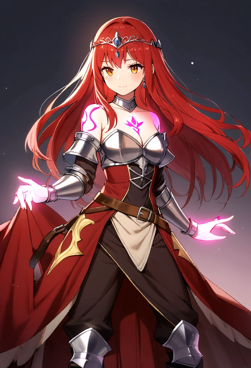 4K high resolution, one female, (((Glowing Tattoos))), long red hair, medieval princess dress and pants, armor, tiara