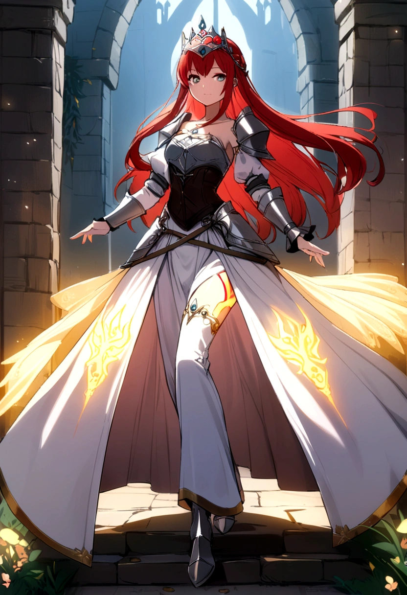 4K high resolution, one female, (((Glowing Tattoos))), long red hair, medieval princess dress and pants, armor, tiara