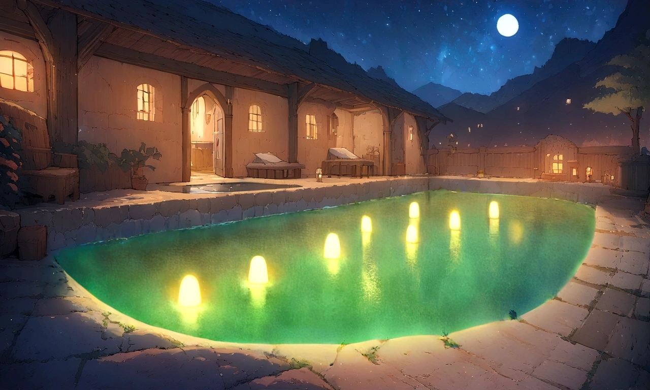 ((((masterpiece, Highest quality, High resolution)))), High detail, manga,anime,Illustration Style,Great use of color,Sparkling water gushes forth in the moonlight., 水面に浮かぶ色とりどりのflowerびら,flower,Dried flower,Herbs,Bath salts,Water surface in a luxurious bathtub,No humans, RPG-like scenery, The sky is full of stars、Blue and beautiful, Creates a magical and comfortable atmosphere,