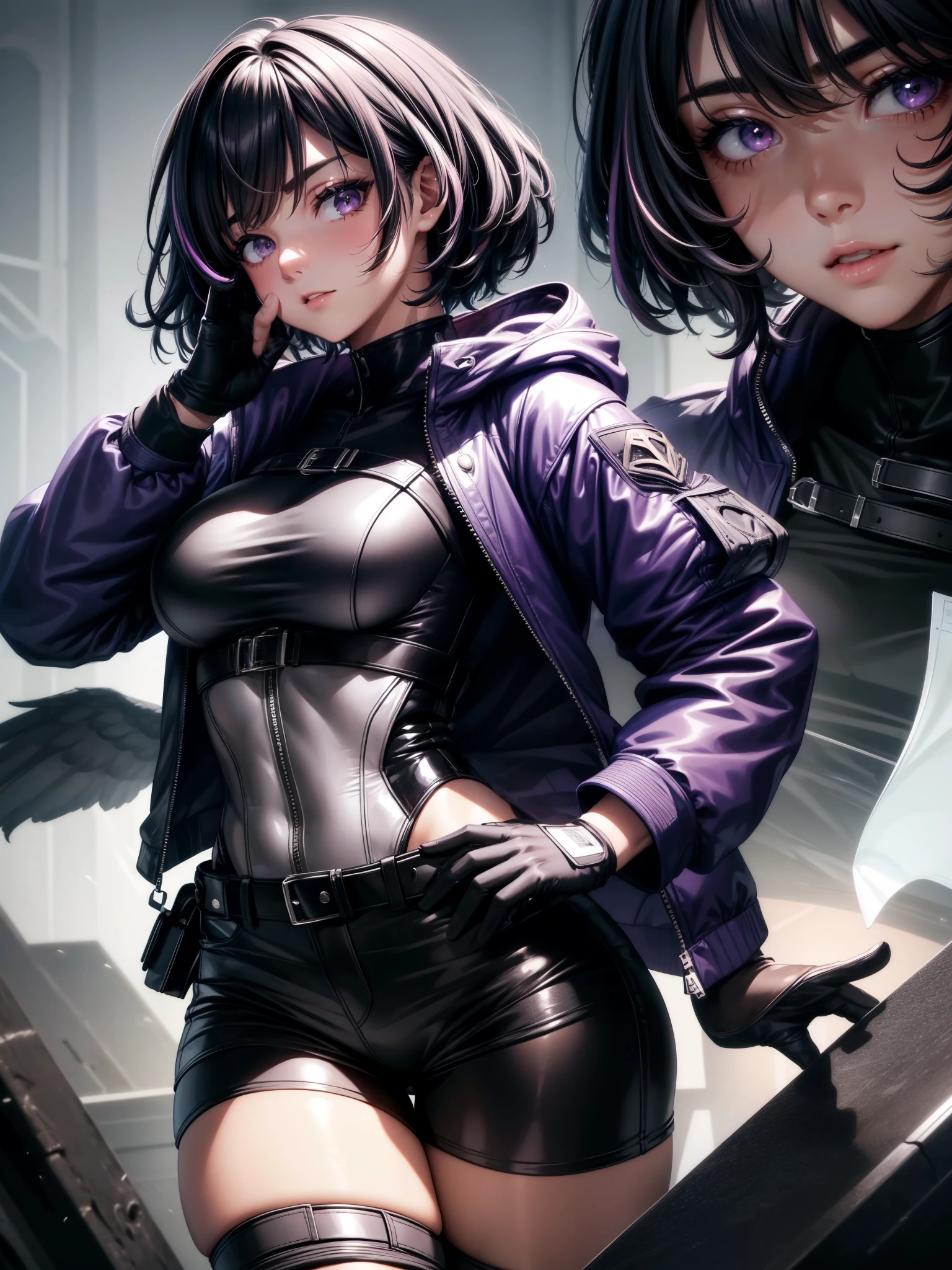gloves,jacket,pantyhose,shorts,hood,fingerless gloves,black shorts reina mishima,short hair,black hair,purple hair,grey eyes,large breasts, Score_9, Score_8_up, Score_7_up, Score_6_up, Score_5_up, Score_4_up, BREAK,1girl in full growth, best quality, masterpiece, ultra-detailed, high quality,good quality,1 girl,(master piece,high resolution, ultra detailed,8K,16K),look at viewer