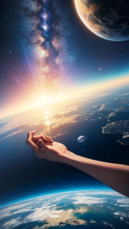 hand holding little planet earth in starfull space