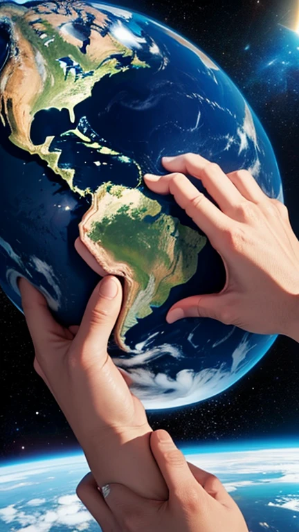 hand holding little planet earth in starfull space