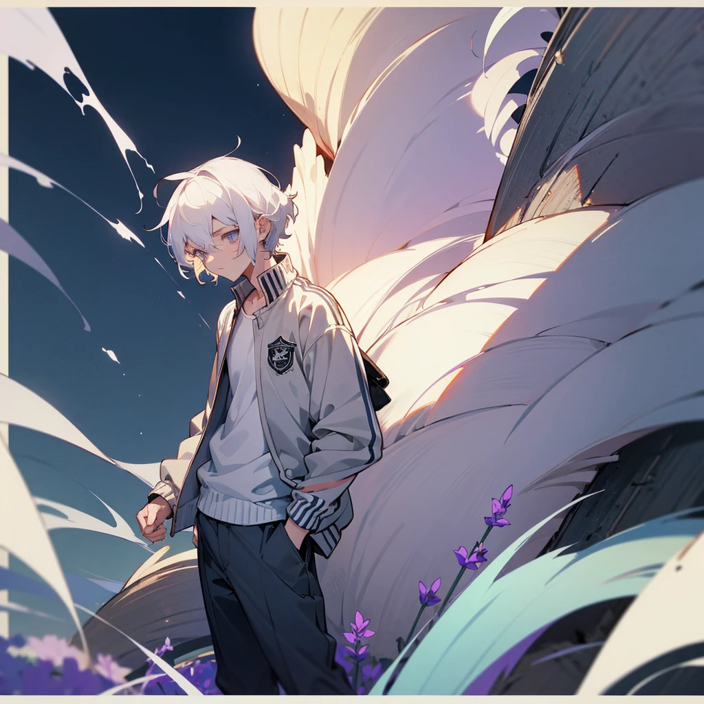 1male, adult, finely detailed lavander eyes, seashell white hair, wavy short hair, varsity jacket, loose shirt, baggy pants, standing on ruined building, night time, somber expression