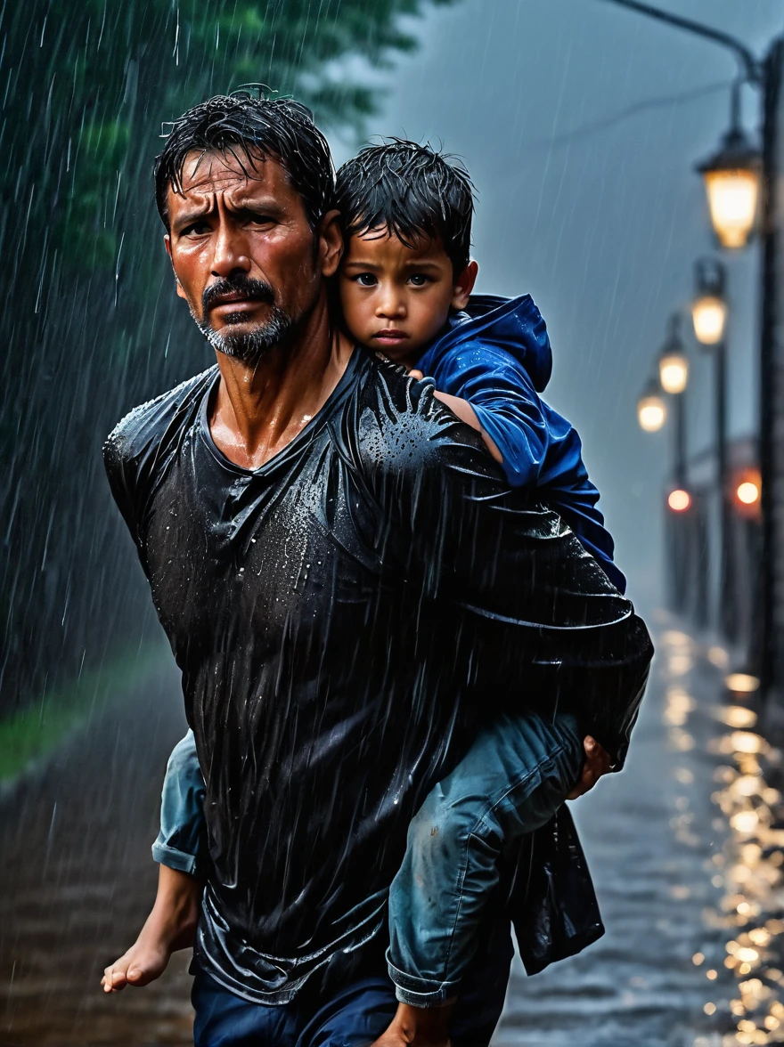 An emotional portrait capturing the essence of a father carrying his ailing son on his back, journeying through the stormy night and pouring rain. The bond between them is palpable in the midst of adversity, showcasing the strength, love, and determination of a parent in the face of challenges.