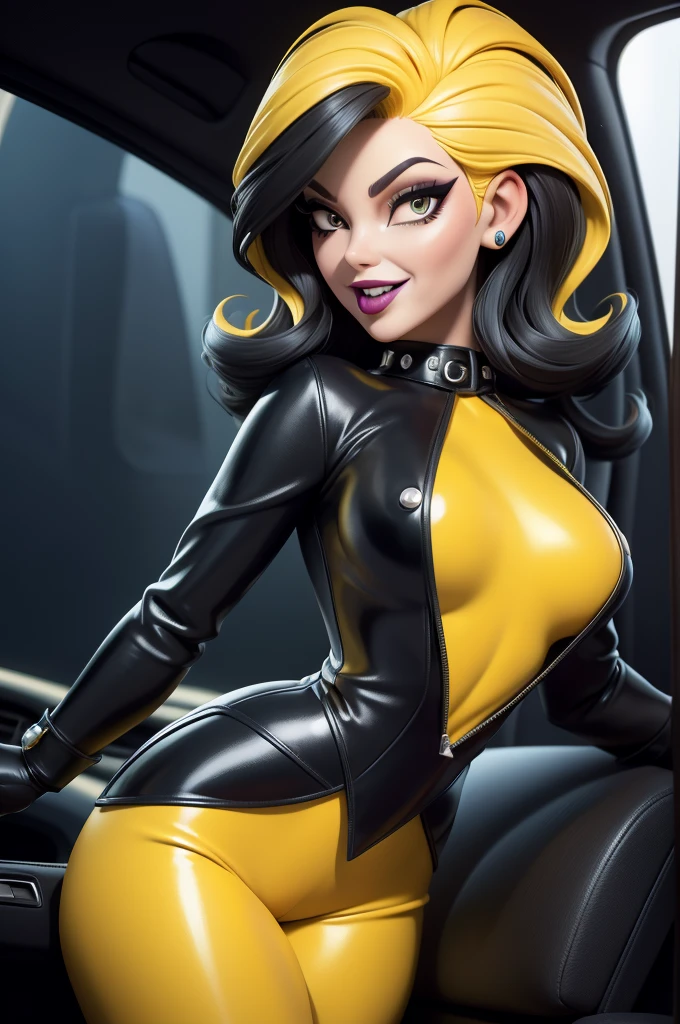 obra prima, melhor qualidade, (emma peel vamp 70yo face wrinkles) head back, sassy wicked girl, big toothy smile, open mouth, ((shiny pearl white lipstick,)) thick smoky black eye shadow, long fake eyelashes, raven black mullet hair, ((totally yellow leather spy girl suit,)) with studs zippers snaps, shiny leather gloves, body is skinny, reclining in car seat, dazzle pose, pinup pose, exaggerated selfie pose, camera view of the back of her body, looking down at me, shallow depth of field, highres, HD, 8k, anatomically correct