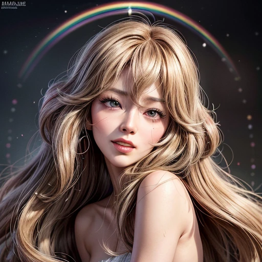 NSFW, 8k, High-level, absurd, masterpiece, best quality, primitive, very detailed CG, very detailed wallpaper, perfect lighting, Extremely detailed ((( personifying " Farrah Fawcett Majors " as a Little Girl))), MysticSight, Tyndall effect, Tyndall scattering, (Studio gray background with (Overflowing oodles Dazzling RainbowColorParticles (BokeH))), (RoundlyButts, ThighGap), (Exposed:0.4), (Assfocus with looking ahead) BREAK (Acutance:0.88), (NOGIZAKA face variations) Extremely Detailed very KAWAII face variations, perfect anatomy, Childish, CaptivatingGaze ElaboratePupils detailed Eyes with (sparkling highlights:1.28), (Voluminous LongEyelashes、GlossyRED Lips with beautiful details, RosyCheeks, Radiant PearlSkin with Transparency . { (Dynamic LifeLike expressions:1.4) | :d) }, (large eyes:-1) .