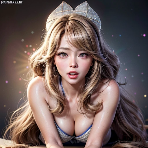 NSFW, 8k, High-level, absurd, masterpiece, best quality, primitive, very detailed CG, very detailed wallpaper, perfect lighting, Extremely detailed ((( personifying " Farrah Fawcett Majors " as a ))), MysticSight, Tyndall effect, Tyndall scattering, (Studio gray background with (Overflowing oodles Dazzling RainbowColorParticles (BokeH))), (RoundlyButts, ThighGap), (Exposed:0.4), (Assfocus with looking ahead) BREAK (Acutance:0.88), (NOGIZAKA face variations) Extremely Detailed very KAWAII face variations, perfect anatomy, Childish, CaptivatingGaze ElaboratePupils detailed Eyes with (sparkling highlights:1.28), (Voluminous LongEyelashes、GlossyRED Lips with beautiful details, RosyCheeks, Radiant PearlSkin with Transparency . { (Dynamic LifeLike expressions:1.4) | :d) }, (large eyes:-1) .