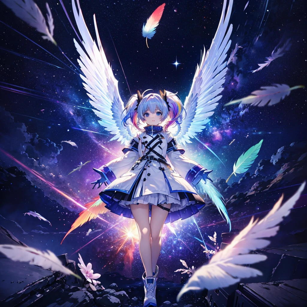 ((Archangel Fantasy Rainbow Hair Make your hair rainbow-colored on the inside Twin tails Dull blue eyes)) ((Has a galaxy uniform Put on a coat without putting your arms through it)) (((Wings many times larger than mine rainbow gradient feathers Glass Feather))) Pillar of Light cyber punk Smiling Kindly front Low - Angle)) ((tears gloves)) (Broken glass Rolling Pebbles Distorted Space-Time star) Catch the wind milky way Shining Background Particles of light rainbow colored edges Shining Edge star