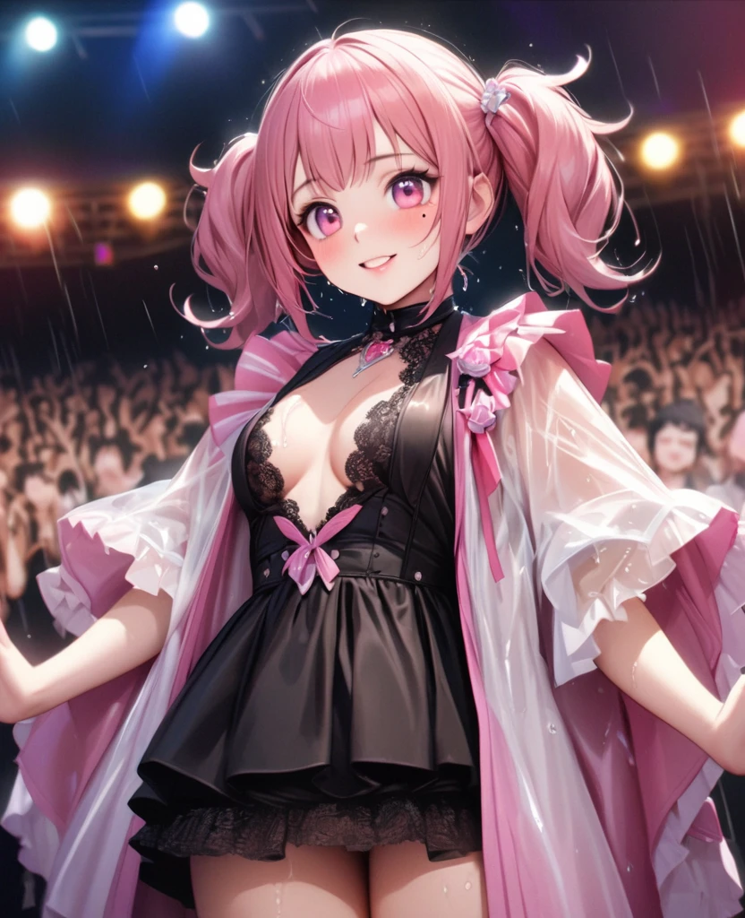 One Girl、Looking at the audience、lovely,
Beautiful pink eyes、short twin tail hair , Mole under the eye、Plump and glossy lips、Heart-shaped choca、Idol、Her name is Rico,smile、ー、。.。.。.。.。.。.。.。.。.。.。.。.。.。.。.。.。.。.3D、Realistic、
The idol's costume was soaked in the heavy rain, and her chest was wet and transparent.Heavy rain at outdoor concert, Drape clothes、gem、The decoration has been removed、Floral、Lace trim,On a glittering stage、
masterpiece、highest quality、8k、Detailed skin texture、Detailed cloth texture、Beautifully detailed face、Intricate details、Very detailed、
超A high resolution、8k Ultra HD、Film Grain、Best Shadow、delicate、Gazing at the audience、front