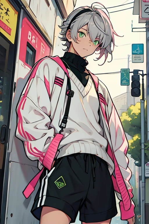 Young man gray hair one green eye and one pink eye with hair clips in hair white sweater black shorts 