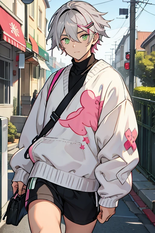 Young man gray hair one green eye and one pink eye with hair clips in hair white sweater black shorts
